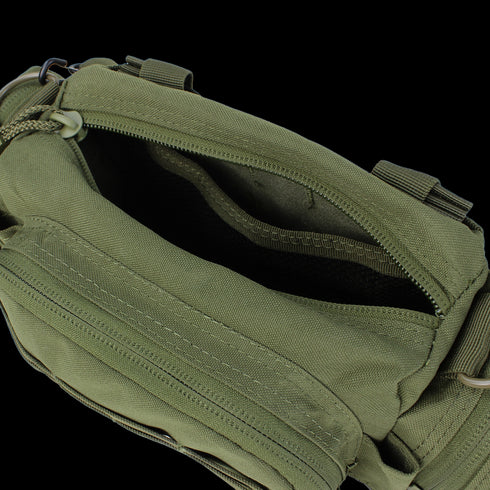 The Condor Deployment Bag 6.5L in Scorpion OCP is an open, olive green fabric bag with a top zipper, main compartment, and inner pocket—perfect for military EDC or first responder gear.